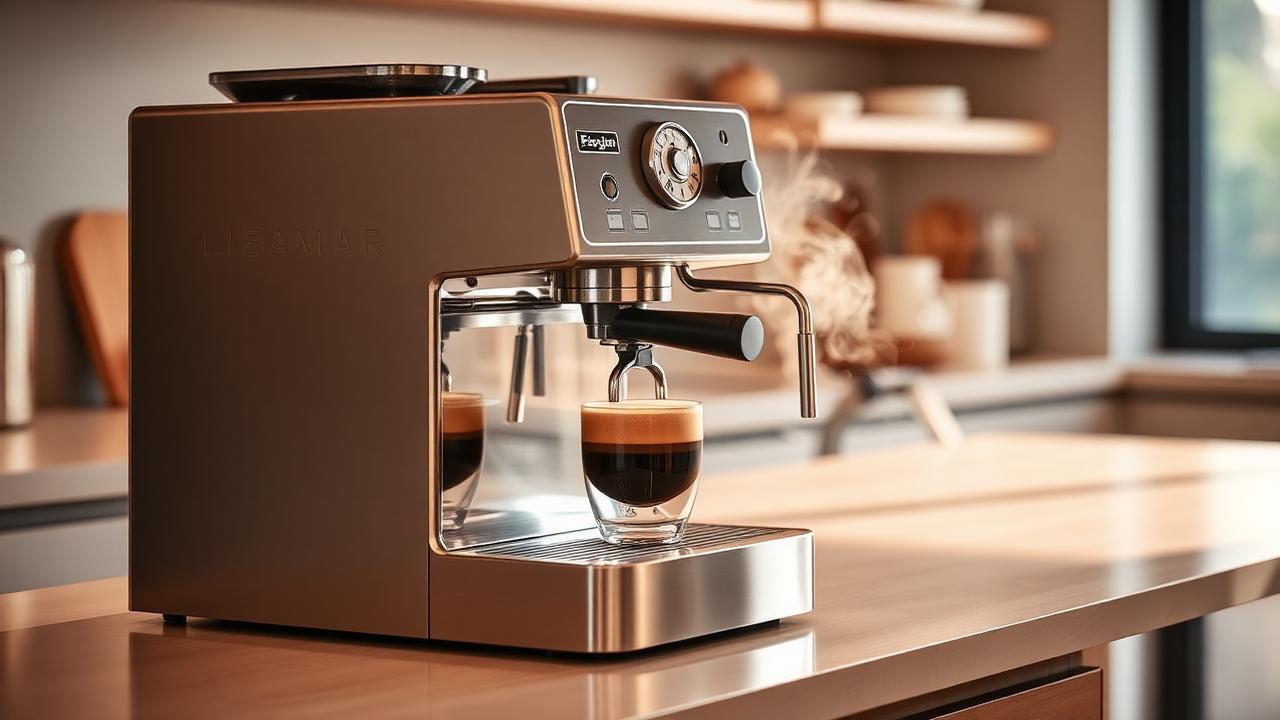 RVS espressomachine die koffie zet op een keukenblad