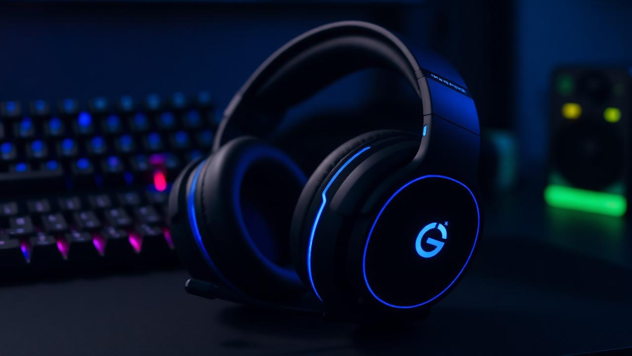 Zwarte gaming headset met blauwe verlichting op een gaming bureau