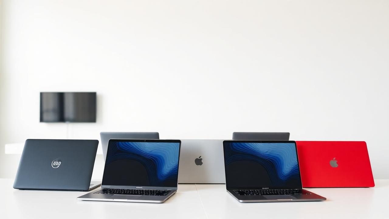 Meerdere laptops naast elkaar op een licht bureau