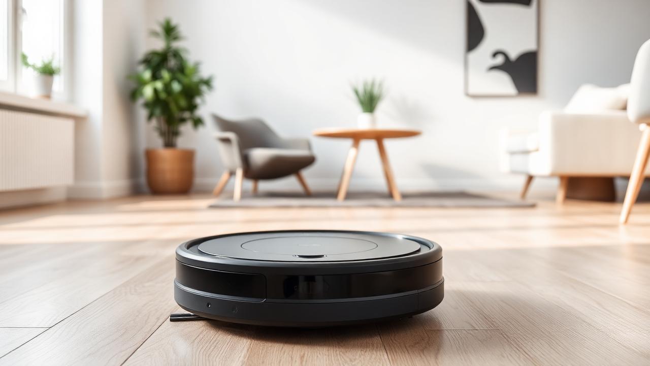 Zwarte robotstofzuiger in een lichte moderne woonkamer