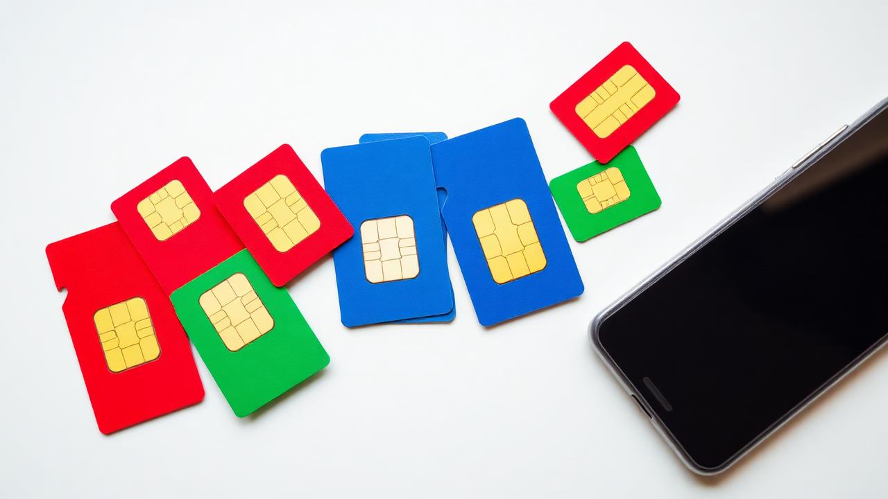Kleurrijke simkaarten en een smartphone op een witte tafel