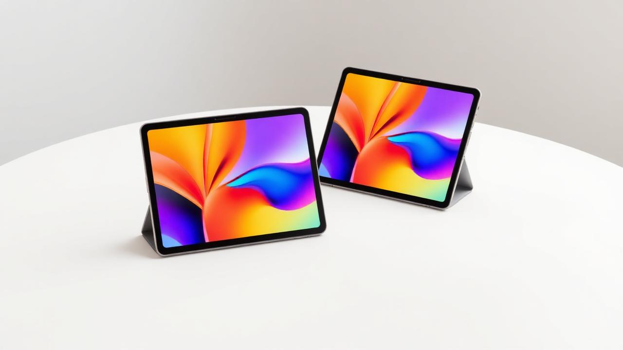 Twee tablets met kleurrijke schermen op een witte tafel