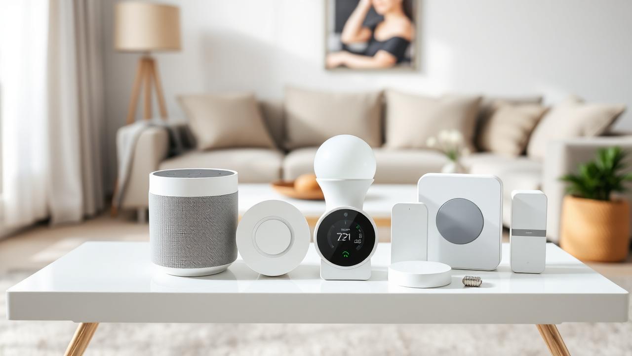 Smart home apparaten op een tafel in een moderne woonkamer
