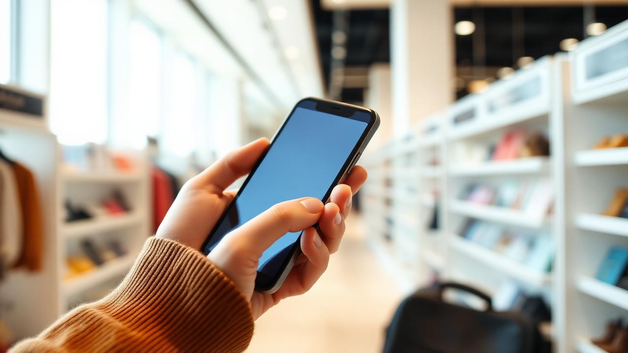 Persoon houdt een moderne smartphone vast in een winkel